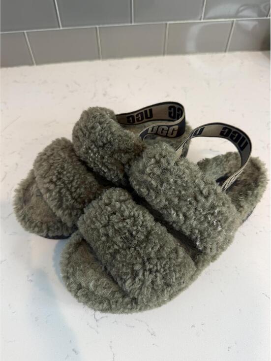 UGG Shoes - UGG Fluff Yeah Shearling Slingback Sandals Size 8 Olive Green